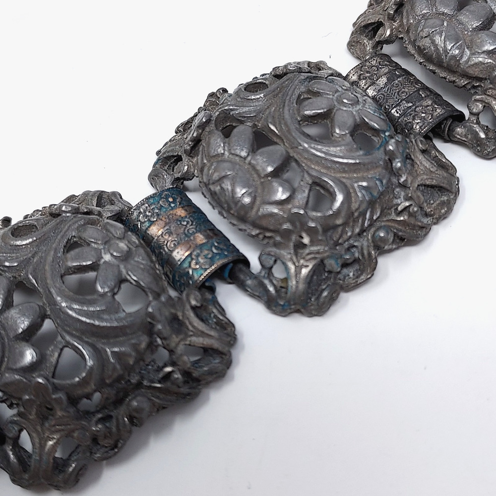 Vintage Art Deco Panel Bracelet Gunmetal Tone Ornate Floral Design 7" READ